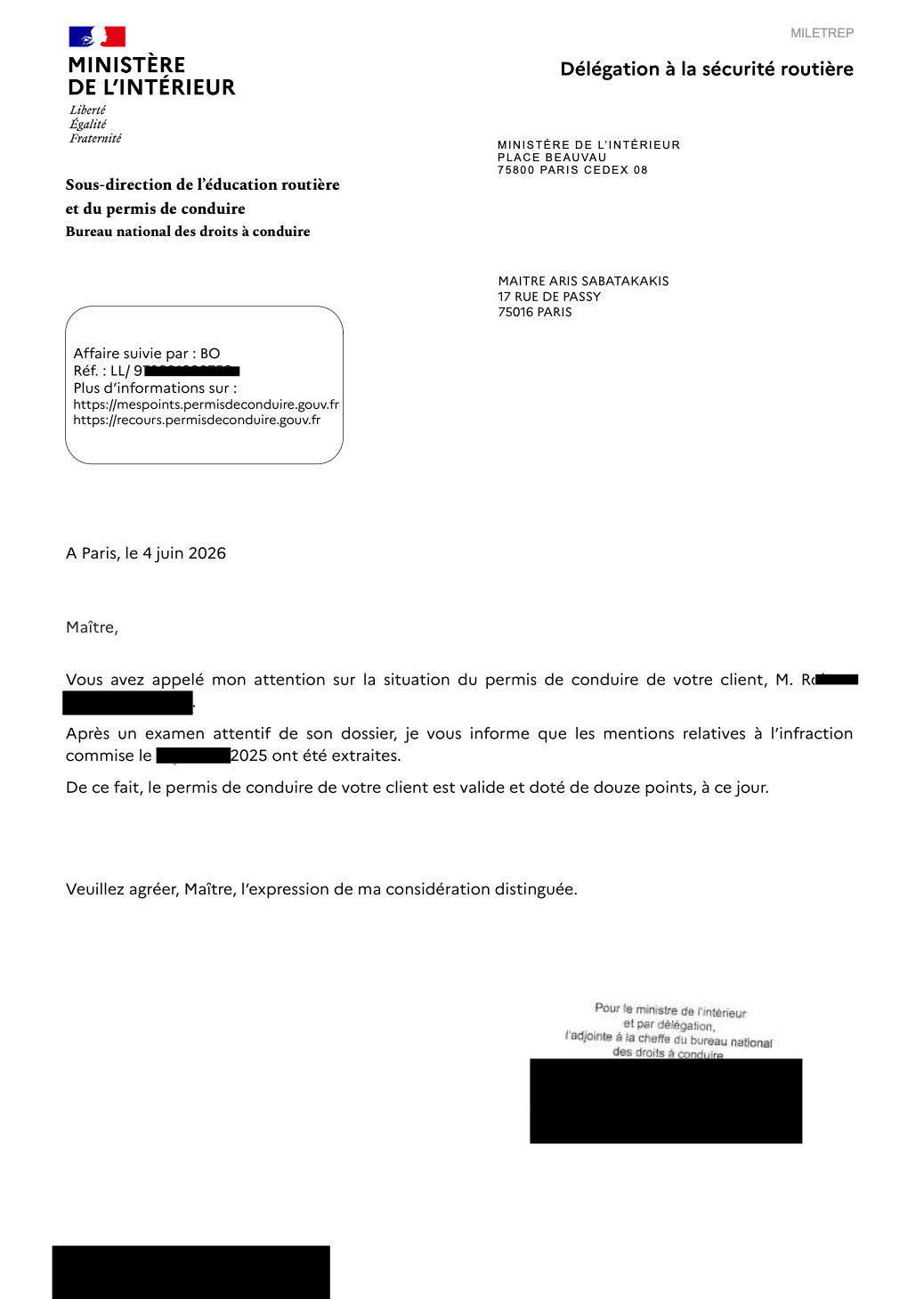 Courrier officiel du Ministère de l'Intérieur confirmant la restitution de 12 points sur le permis de conduire